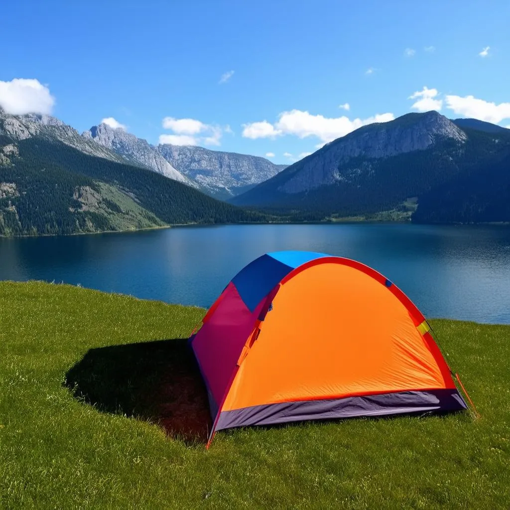 A tent pitched on a grassy hilltop overlooking a vast lake and mountains.